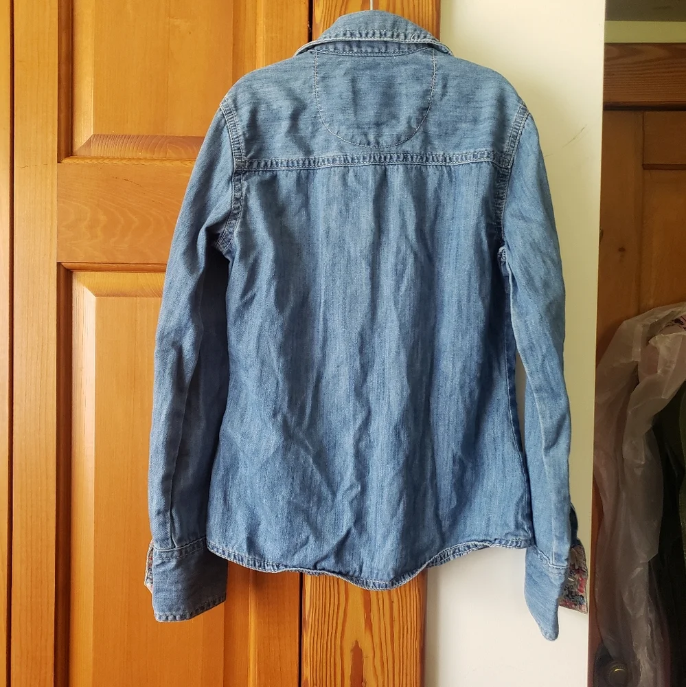 Justice Girls Blue Denim Look Button-Up Long Sleeve Shirt Jacket 8 Floral